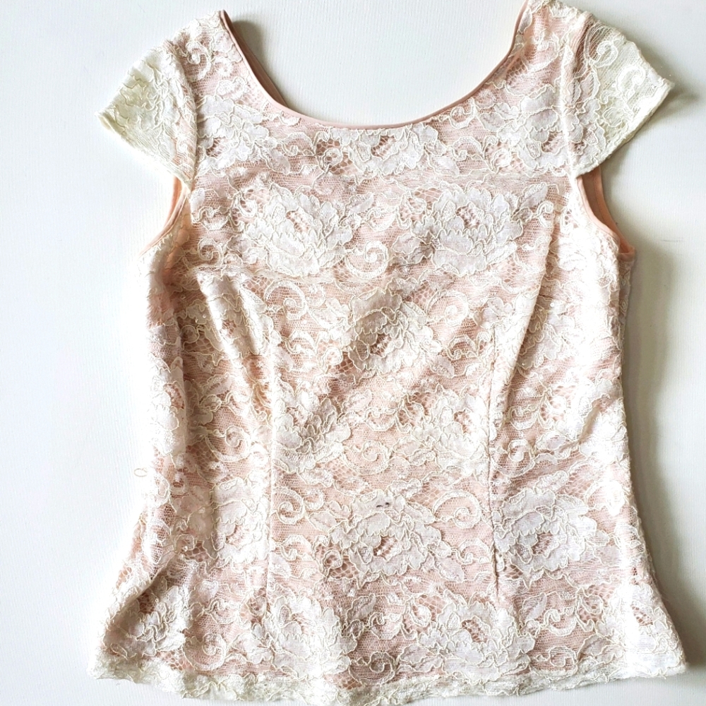 JACQUES VERT SPECIAL OCCASION WHITE LACE BLAUSE WITH BEIGE LINING ( SIZE 12 ) - Picture 2 of 10